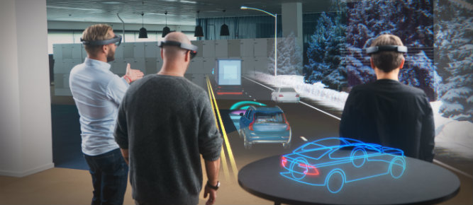 Men using Microsoft HoloLens to design a car